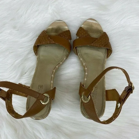 Sperry Women's Open Toe Espadrille Rope Wedge Sandals Size 8.5 Brown Tan Leather - Picture 6 of 8